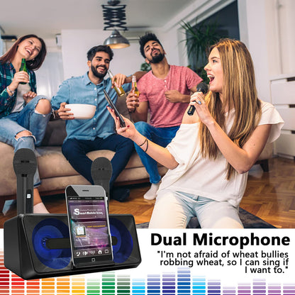 Karaoke Microphone, Portable Karaoke Machine with Bluetooth, 2 Wireless Microphones, Phone Holder, LED Light Effects, Rechargeable for Adults Kids, Supports USB TF AUX.