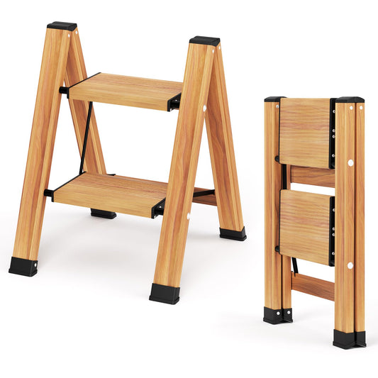 KULACO Folding 2 Step Ladder, Aluminum Foldable Ladder, Portable Step Ladder, Non-Slip Household Ladder, Multifunctional Ladder with Wood Grain Design for Home and Camping, Supports up to 150 kg.