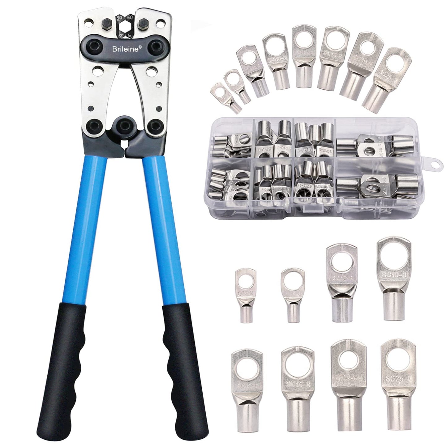 Brileine Battery Cable Lug Crimping Tool Large 10-1/0 AWG with 8 Sizes 60 Pieces Copper Ring Terminals - Crimping Tool Battery Cable Set