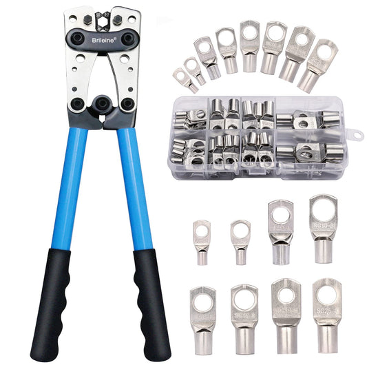 Brileine Battery Cable Lug Crimping Tool Large 10-1/0 AWG with 8 Sizes 60 Pieces Copper Ring Terminals - Crimping Tool Battery Cable Set