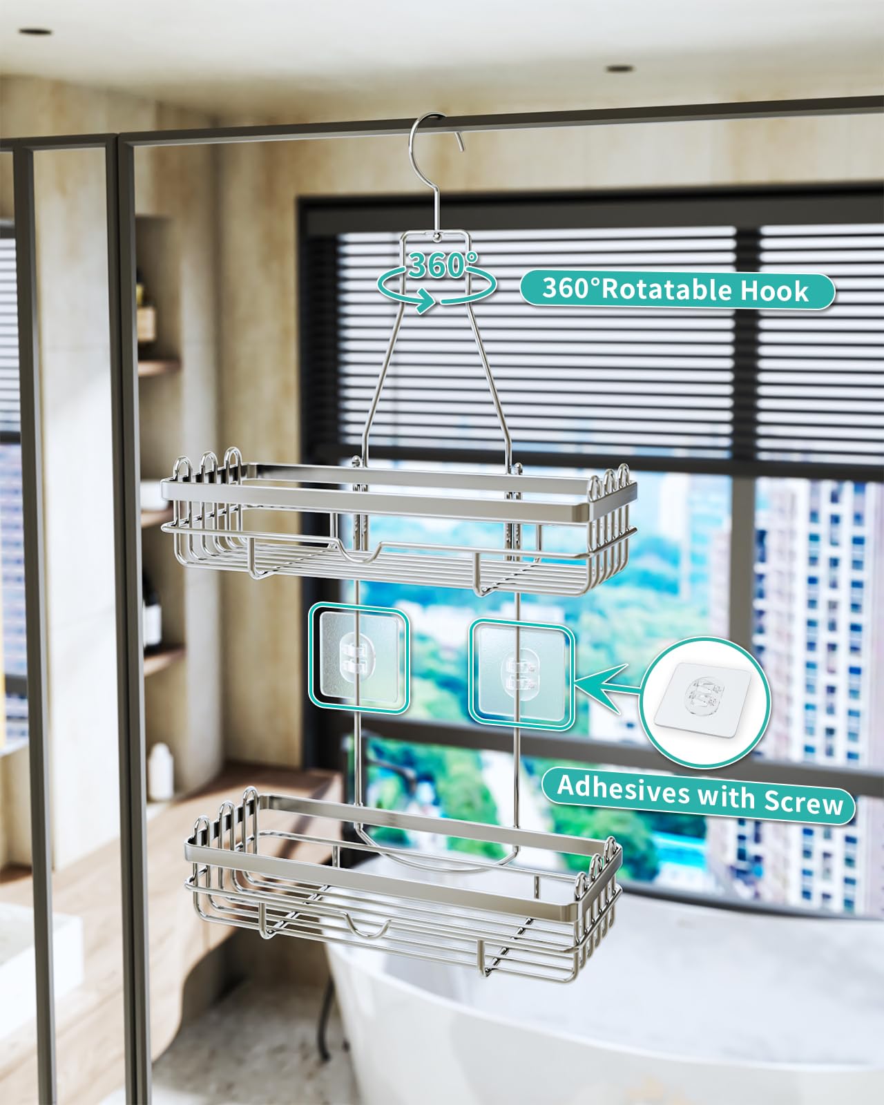 HapiRm hanging shower caddy with multiple hooks - high-quality stainless steel hanging shower shelf without drilling, silver color.