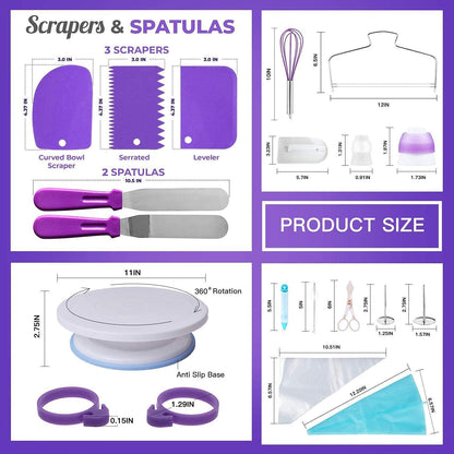 YIGeyi 137-piece baking set includes rotating cake stand, DIY tools, cake decorating sets, bags, tips, spatulas, and more. (137 pcs, Purple)