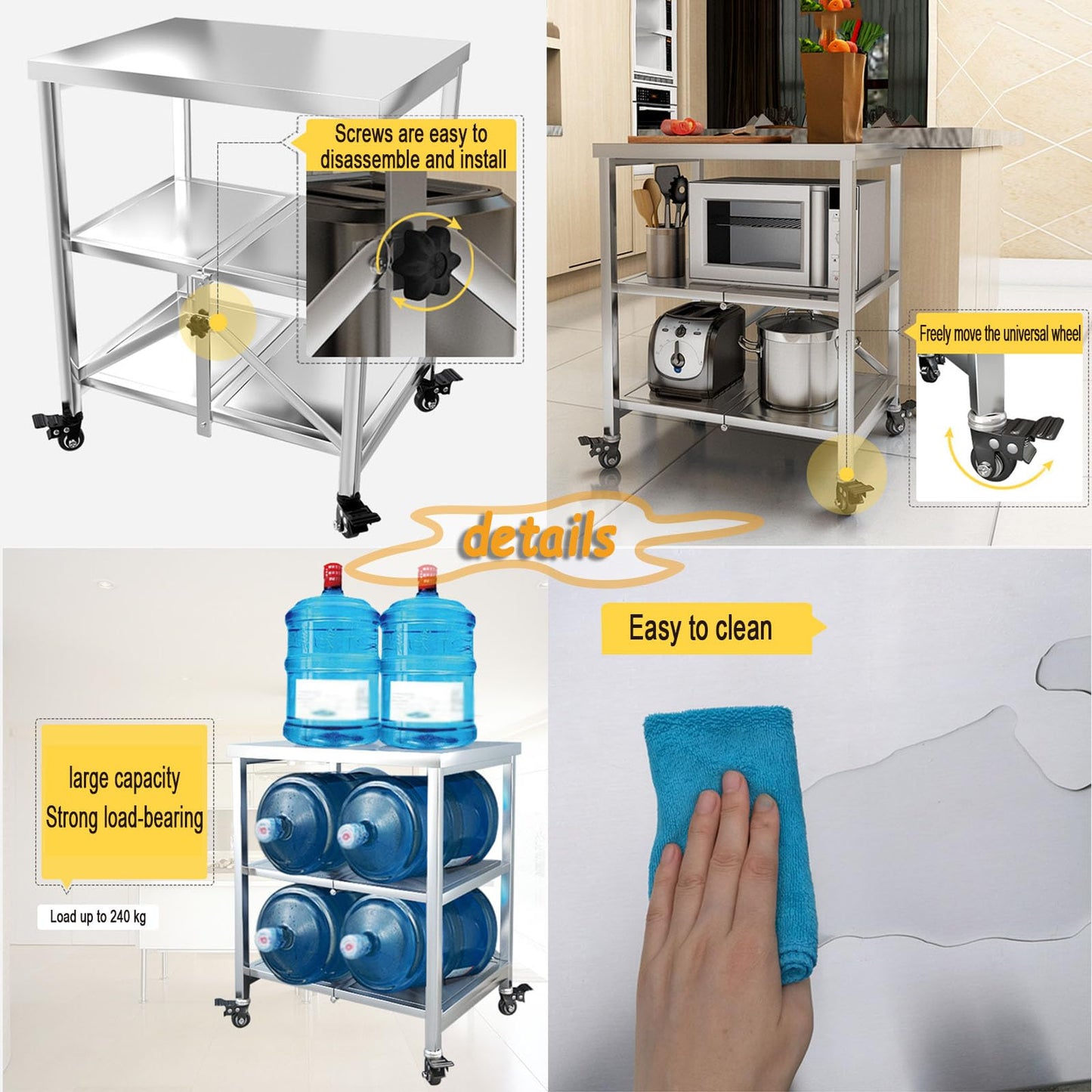 Stainless steel serving cart, 3 shelves foldable transport cart storage shelf trolley with wheels, utility cart for restaurant hotel school household cart (Size: 60X45X80CM)