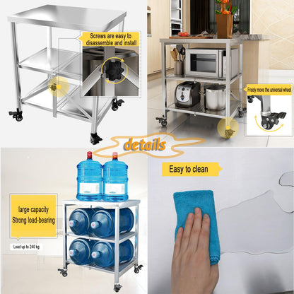 Stainless steel serving cart, 3 shelves foldable transport cart storage shelf trolley with wheels, utility cart for restaurant hotel school household cart (Size: 60X45X80CM)