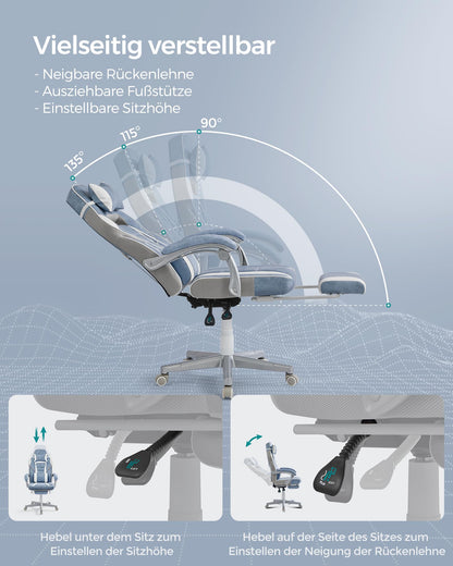 SONGMICS Office Chair with extendable footrest, headrest, lumbar support, adjustable height, ergonomic design, tiltable backrest, and weight capacity up to 330 lbs, sea blue-cream white OBG073Q01.