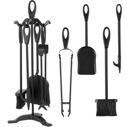 Amagabeli 25.2”(64cm) 5-piece Fireplace Tools Set Wrought Iron and Interior Fireplace Accessories Wood Holder Fireplace Stand Fire Tongs Shovel Antique Brush Chimney Poker Wood Stove (Black)