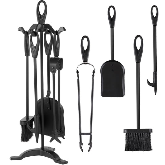 Amagabeli 25.2”(64cm) 5-piece Fireplace Tools Set Wrought Iron and Interior Fireplace Accessories Wood Holder Fireplace Stand Fire Tongs Shovel Antique Brush Chimney Poker Wood Stove (Black)