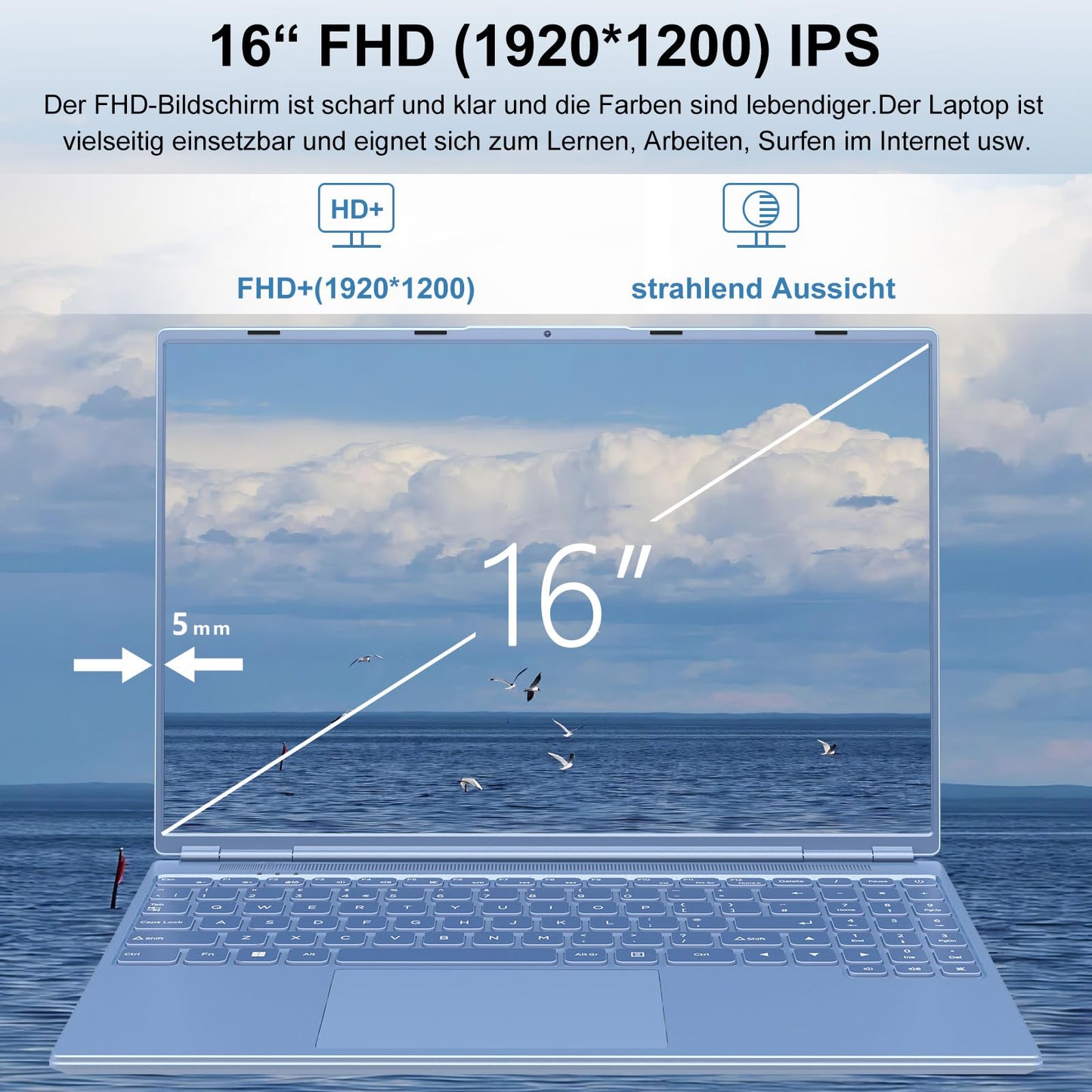 AOCWEI Laptop 16 inch 12GB RAM 512GB ROM Expandable 2.5" 1TB SSD, Laptop Win 11 with 4-Core CPU N5095 (up to 2.9 GHz), 1920 * 1200丨5G WiFi丨Bluetooth & German Keyboard Stickers-Blue