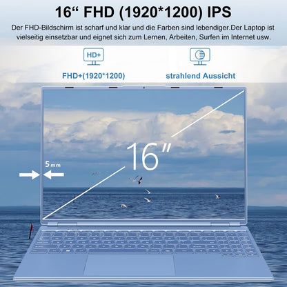 AOCWEI Laptop 16 inch 12GB RAM 512GB ROM Expandable 2.5" 1TB SSD, Laptop Win 11 with 4-Core CPU N5095 (up to 2.9 GHz), 1920 * 1200丨5G WiFi丨Bluetooth & German Keyboard Stickers-Blue