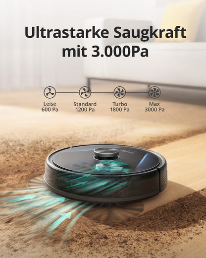eufy RoboVac LR30 Hybrid+ robot vacuum with disposal station, mopping function, 60-day capacity, iPath laser navigation, 3000Pa suction power, multi-floor mapping, app control, Alexa compatible.