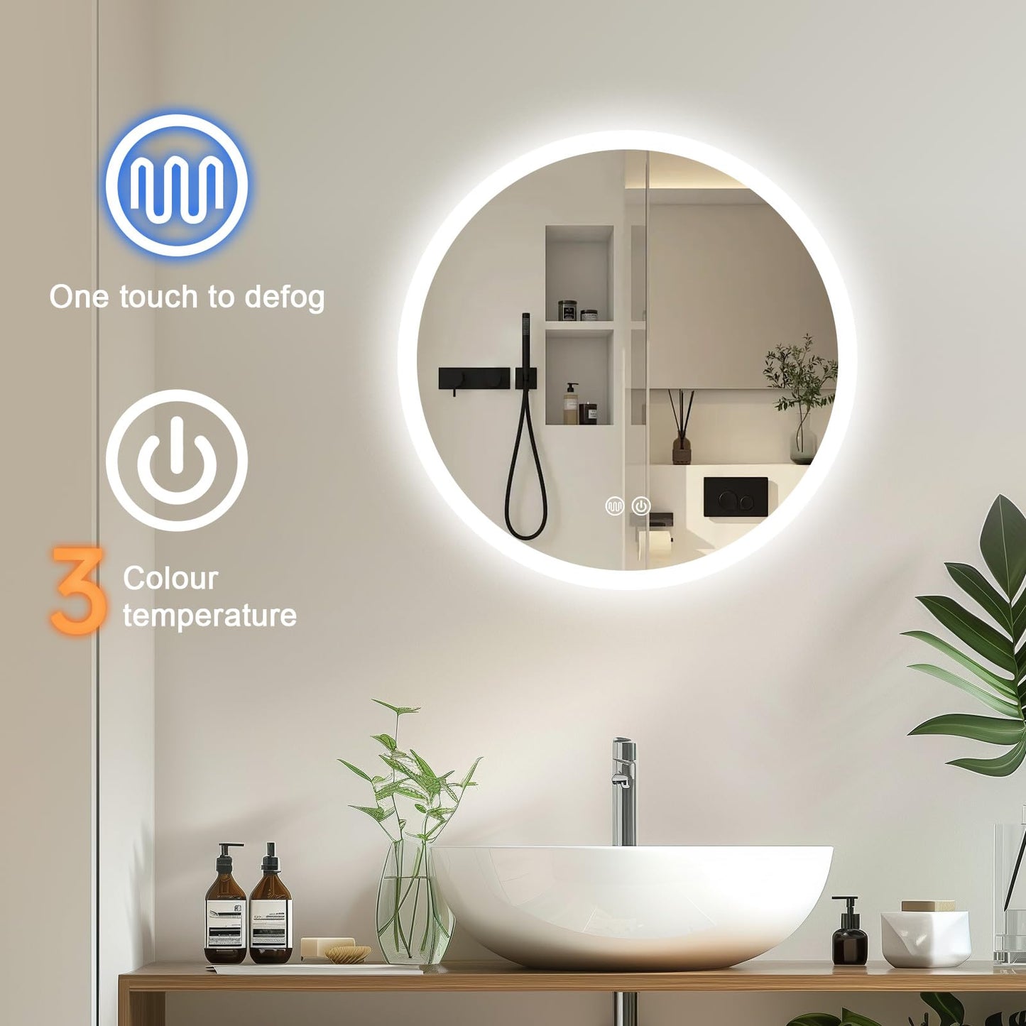 Trintion 70cm Round LED Mirror with Lighting, Touch Switch, Dimmable, 3 Color Adjustable Fog-Free Bathroom Mirror with Lighting (50cm)
