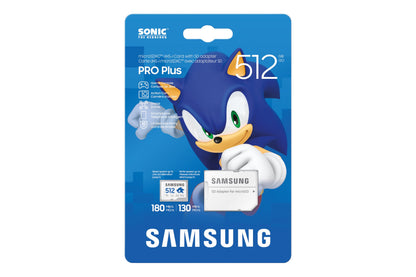 Samsung Sonic the Hedgehog(TM) microSD card + SD adapter, 512GB storage, UHS-I U3, Full HD & 4K UHD, 180MB/s read, 130MB/s write, data storage for handheld consoles, MB-MD512SA/LC1