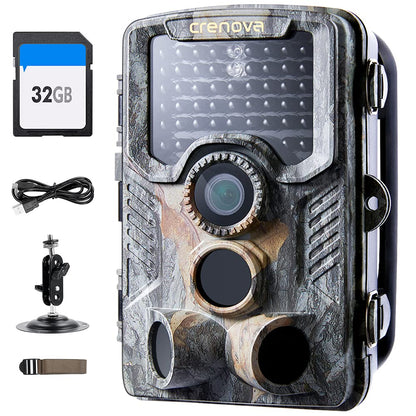 Crenova 4K 32MP wildlife camera with 32GB microSD, 940nm IR LEDs, Bluetooth, motion sensor, night vision, game camera, wildlife camera, IP66, forest camera, wireless transmission.