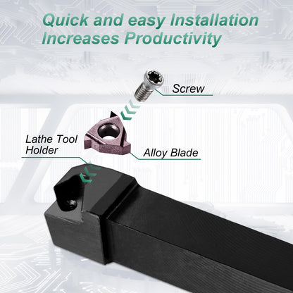 21 piece indexable turning tool set with boring bar, turning tool, and turning tool holder. Includes 7 turning tool holders, 7 carbide inserts, and 7 wrenches (10 mm).
