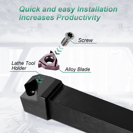 21 piece indexable turning tool set with boring bar, turning tool, and turning tool holder. Includes 7 turning tool holders, 7 carbide inserts, and 7 wrenches (10 mm).