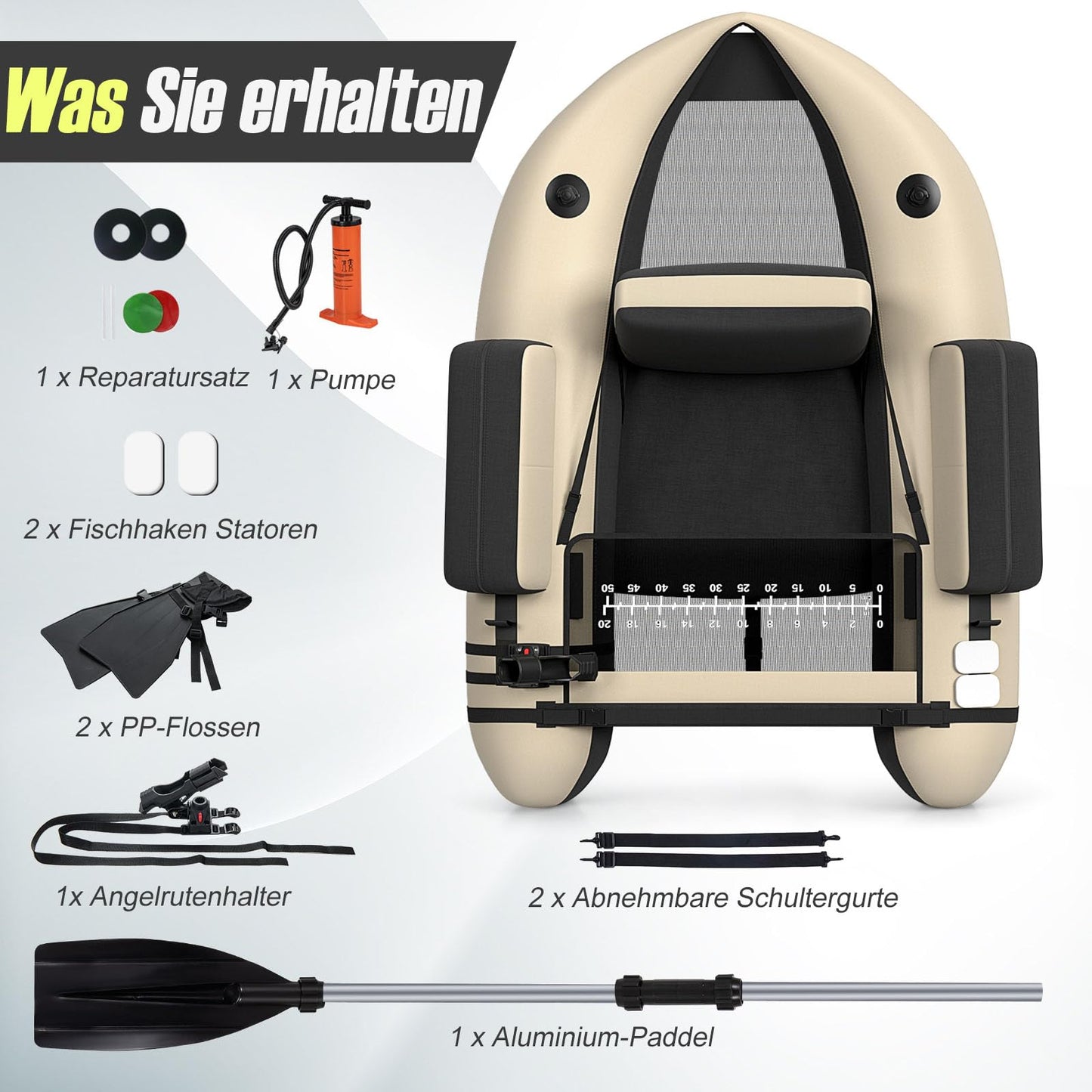 GOPLUS Belly boat, inflatable fishing boat with aluminum paddle, pump, fins, fish ruler, rod holder, and 2 shoulder straps. Supports up to 150kg, measures 135 x 109 x 54 cm. Beige+black color.