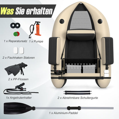 GOPLUS Belly boat, inflatable fishing boat with aluminum paddle, pump, fins, fish ruler, rod holder, and 2 shoulder straps. Supports up to 150kg, measures 135 x 109 x 54 cm. Beige+black color.