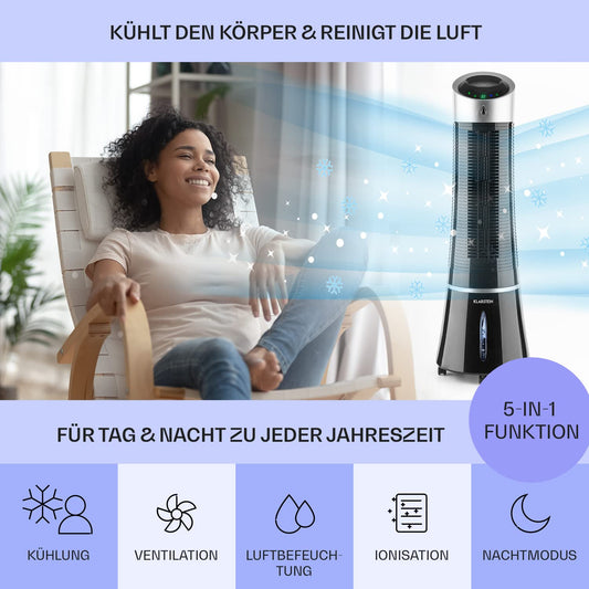Klarstein air cooler with water cooling, 5-in-1 evaporative cooler, humidifier, fan, air purifier & night mode, portable air conditioning unit air cooler 6L, 45 watt air cooler, 180 m³/h airflow