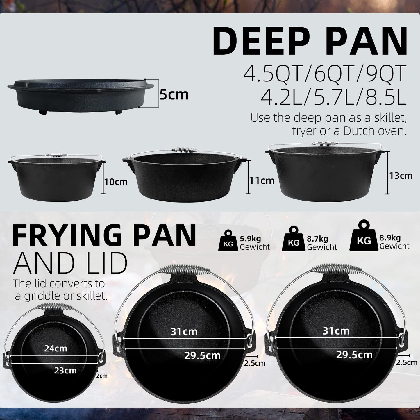 BROILISSIMO Dutch Oven Set Cast Iron approx. 4 6 9 L Grill Pot Fire Pot Pot for Grill and Camping Fire Pot Set