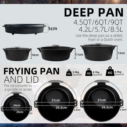 BROILISSIMO Dutch Oven Set Cast Iron approx. 4 6 9 L Grill Pot Fire Pot Pot for Grill and Camping Fire Pot Set