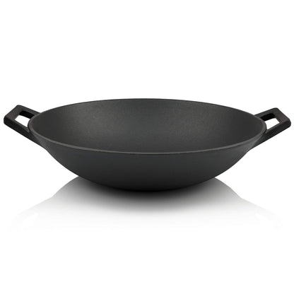 BBQ-Toro Cast Iron Wok Pan Ø 35.5 cm | Pre-seasoned | Flat bottom wok | Cast iron pan for gas grill and electric stove | Induction compatible, thermoresistant.