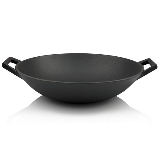 BBQ-Toro Cast Iron Wok Pan Ø 35.5 cm | Pre-seasoned | Flat bottom wok | Cast iron pan for gas grill and electric stove | Induction compatible, thermoresistant.