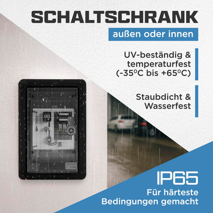 BOXEXPERT® Outdoor distribution box waterproof [ABS plastic IP65 enclosure with viewing window] black (Fleet series) 500x400x180mm | Outdoor control cabinet | Wall-mounted cabinet | Industrial enclosure | Empty enclosure