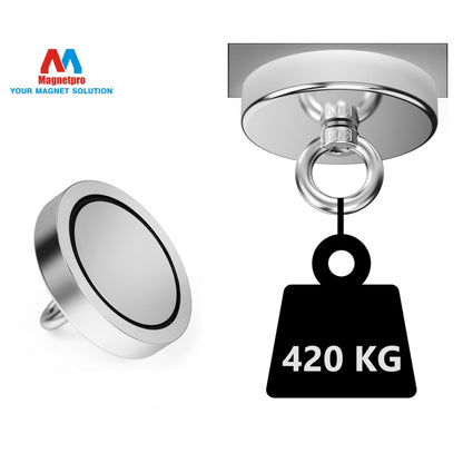 Magnetpro fishing magnet with over 420 kg pulling force. Super strong neodymium magnets, heavy-duty rare earth magnets with eye bolt, 90 mm diameter for magnet fishing, hunting, retrieving in rivers.