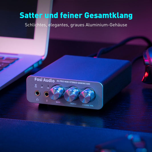 Fosi Audio K5 Pro headphone amplifier, USB C DAC headphone amplifier HiFi, USB/Optical/Coaxial/Microphone inputs to 3.5mm AUX/RCA output, Gaming DAC AMP Hi-Res for PS5/PC/MAC/Active Speakers.