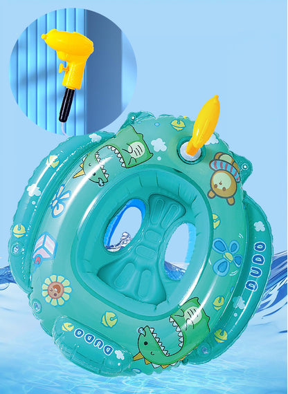 Inflatable dinosaur swim ring for kids with built-in water gun, extra thick PVC (0.25mm), for fun in the pool and at the beach.
