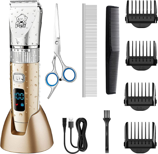 Hatteker pet hair clipper trimmer for dogs and cats, professional grooming tool with rechargeable battery, cordless and low noise design.