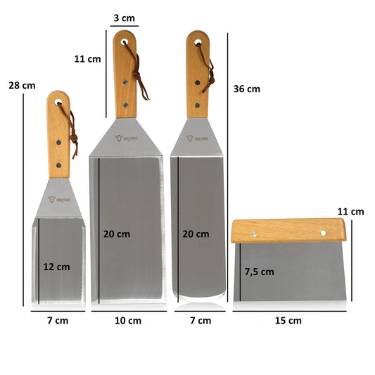 BBQ-Toro 4-piece stainless steel spatula set | Plancha grill accessory set with angled pallets and grill spatula | BBQ utensil set, teppanyaki grill tool, grill helper