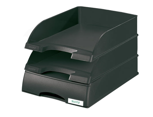 Leitz Set 2x Standard A4 Letter Tray + Letter Tray Drawer, Premium Quality Letter Tray, Stackable Desk Organizer, Compatible with Plus Series, Black, 52270095 + 52100095