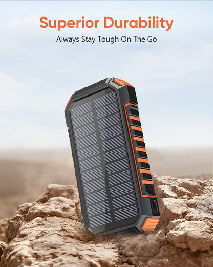 Hiluckey Wireless Solar Power Bank 26800mAh is a waterproof solar charger with USB C port and 4 outputs. It is perfect for charging smartphones, tablets, and more.
