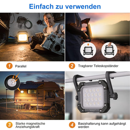 MEIHUA LED construction spotlight 60W 6400LM work light, IP66 waterproof portable rechargeable 14000mAh with adapter, 4 modes for workshop construction site garage outdoor lighting camping