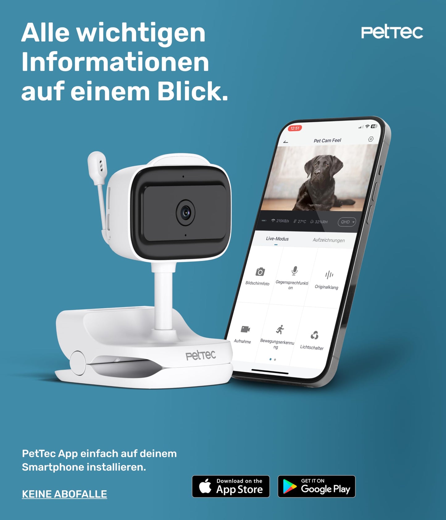PetTec® Cam Feel Sensor 2er Set - Indoor Surveillance Camera for Pets & Babies with App [HD+] - Pet Camera Dog Camera - Baby Monitor with Camera & Night Vision feature