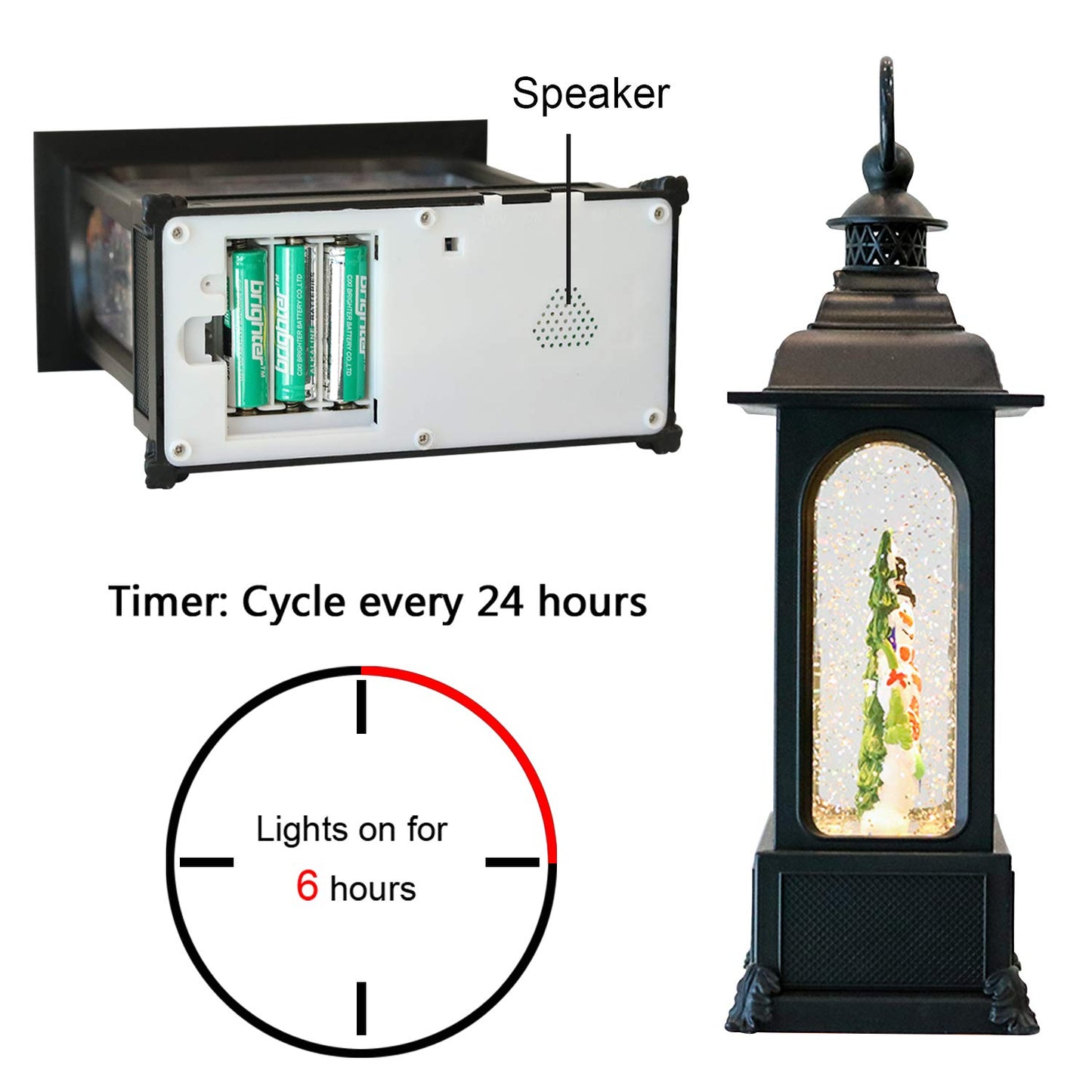 Eldnacele Music Snow Globe Lantern with Timer, illuminated, USB/battery operated, swirling water, glitter light, Christmas snow globe lantern for adults and kids.