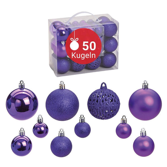 50 & 100 piece WOMA Christmas baubles set in purple & 22 other colors - Plastic Christmas tree ornaments for decoration & festive charm.