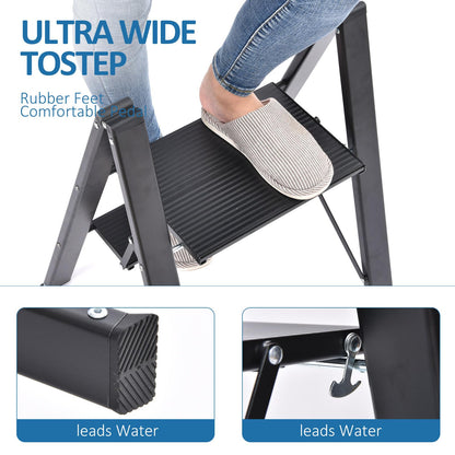 KINGRACK Step Ladder, 2 Step Stool, Folding Step Ladder with Handrail, Non-Slip Household Ladder with Folding Lock, Black Aluminum Step Stool