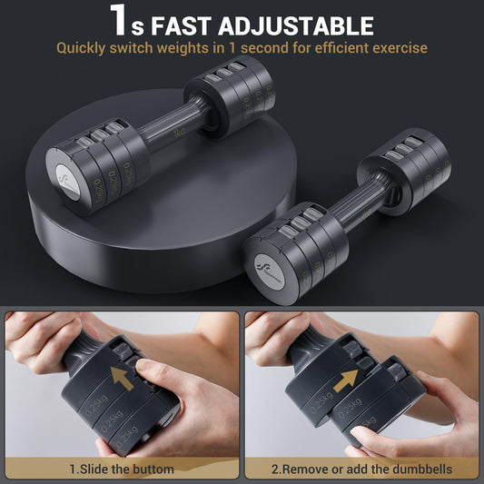 Dumbbells set, Sportneer Adjustable Dumbbells Women Set 1-2.5 kg each, 4-in-1 Dumbbells 2 Set, Adjustable Dumbbell Set for Home Gym, Fitness, Strength Training, Gift (Black-Gray)