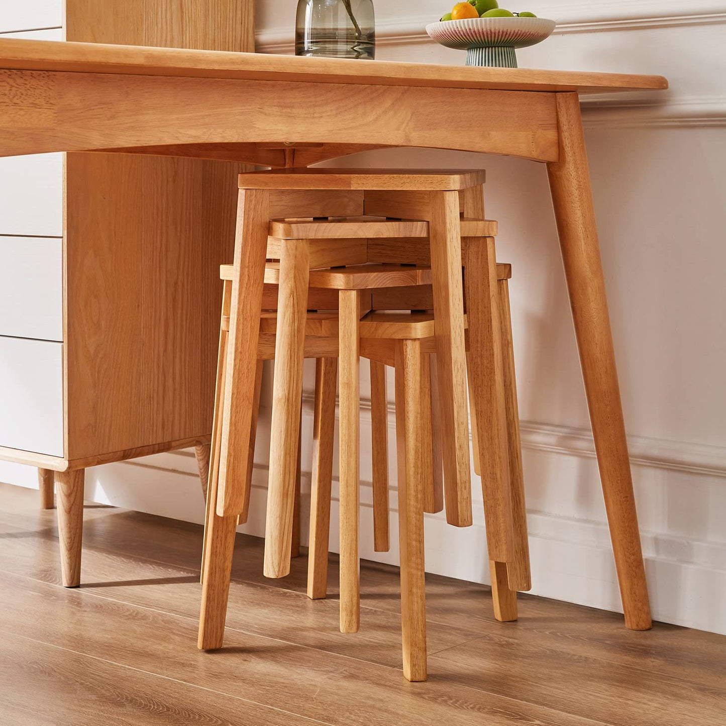 IBUYKE 4-piece dining stool set, wooden stacking chair with non-slip mat, stackable stool for classroom, your kitchen, dining or home pub area, wood color, RF-1501-4