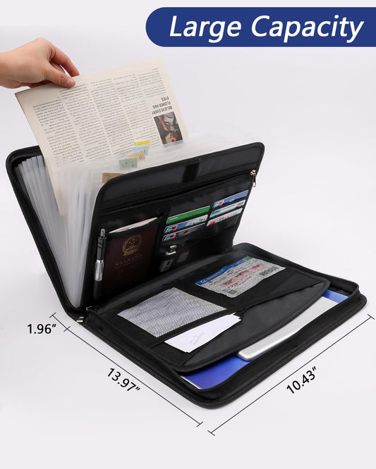 A4 document folder, Fireproof document box, Waterproof document bag with 13 compartments and multiple pockets for office, home, school. Zippered document pouch for papers and valuables.