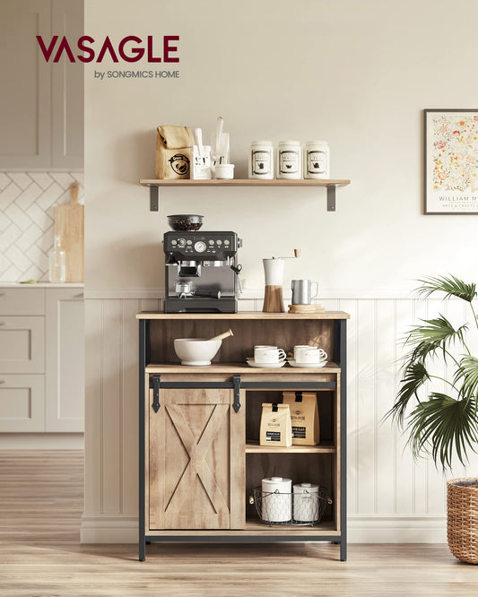 VASAGLE sideboard, kitchen cabinet, storage cabinet, with sliding door, 30 x 70 x 80 cm, adjustable shelf, open compartment, country style, for living room, oak brown-black LSC089B50