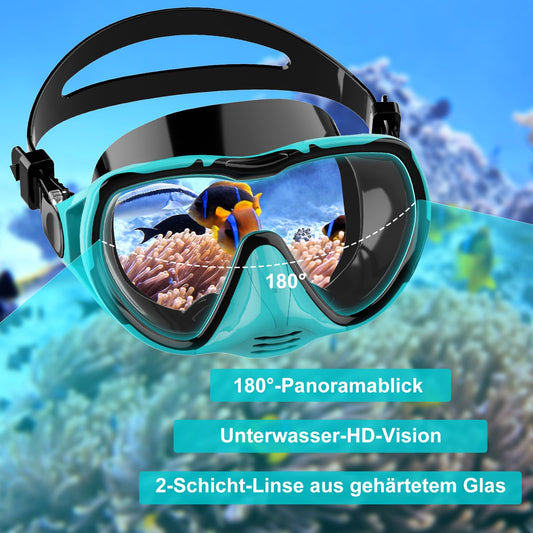 Adult diving mask snorkel mask 180° panoramic view diving mask leak-proof anti-leak swimming goggles for diving (water green-with snorkel)