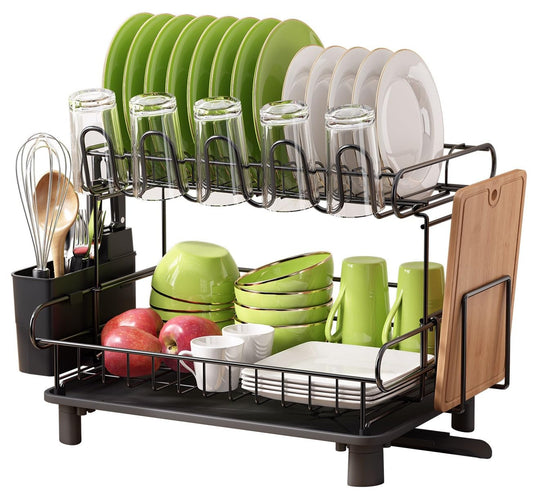 MAJALiS Dish Drying Rack, 2-Tier Dish Rack with Drip Tray, Stainless Steel Dish Rack with Utensil Holder, Rotating Spout, Black
