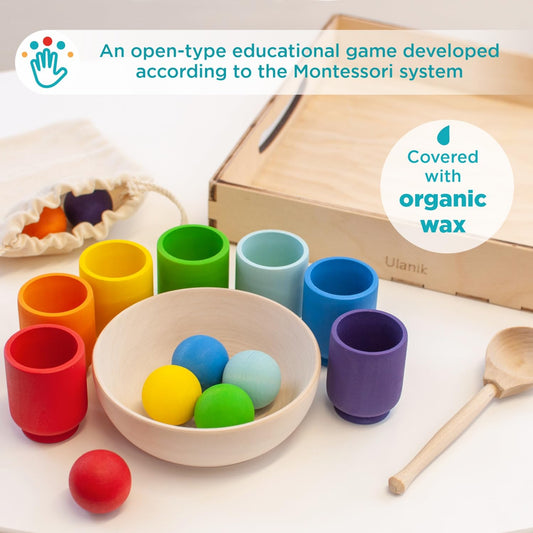Ulanik Rainbow Balls in Cups Montessori Toy Wood Sorter Game 7 Balls 30mm Age 1+ Color Sorting and Counting Preschool Learning Education