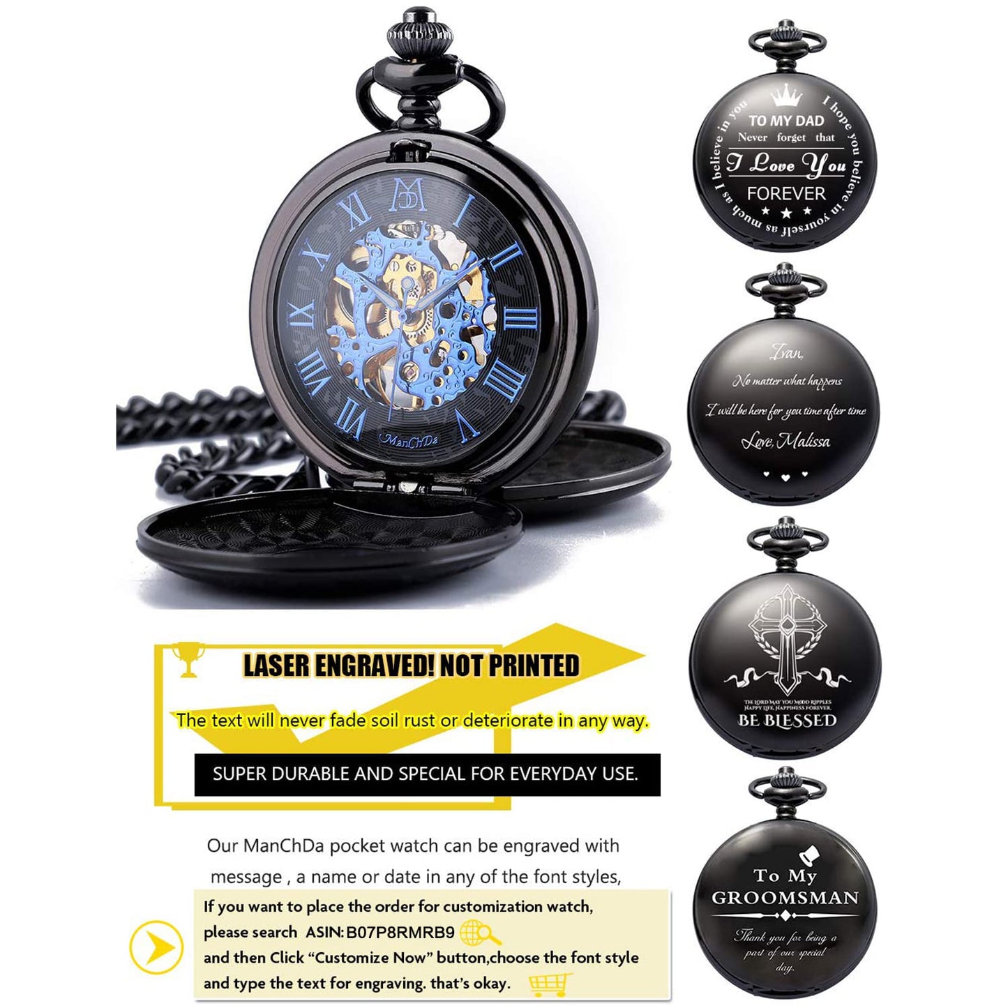 ManChDa® Classic Pocket Watch Retro Dial with Roman Numerals Steampunk Skeleton Mechanical Delicate Movement for Men Women with Chain (Black) + Gift Box