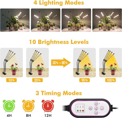 Garpsen Plant Lamp, 80 LEDs Grow Light, 4 Heads Full Spectrum Led Plant Light for Indoor Plants with Auto ON & Off Timer 4/8/12H, 3 Modes, 10 Brightness Levels.