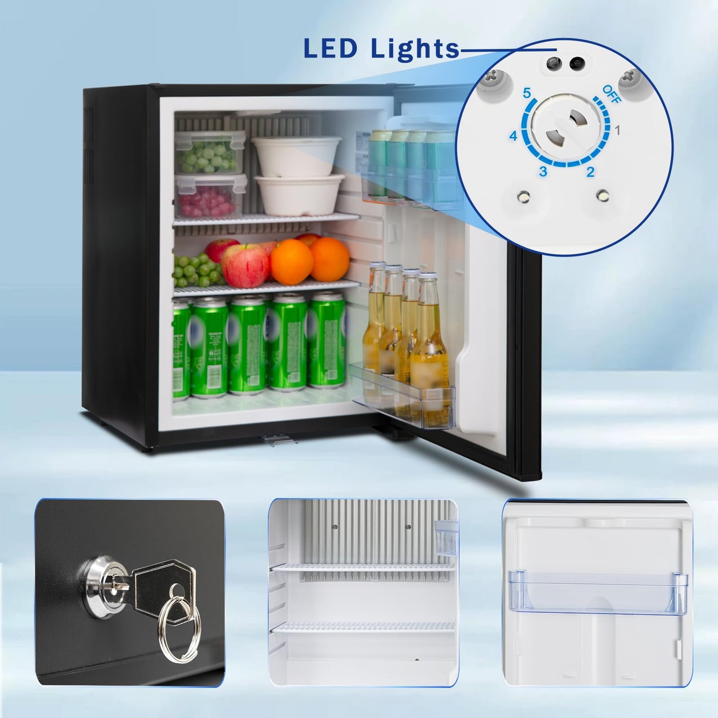 Smad Camping Fridge 12v 230v, 51L, Quiet RV Fridge, Absorber Fridge 12v for Room, Hotel, Bedroom, Camping, Travel, 12v 230v Fridge with Lock, Reversible Door, Black