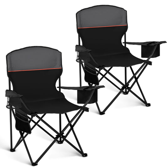HIGH POINT SPORTS Folding Camping Chair 2-Pack up to 225 lbs Camping Chair with Drink Holders Foldable Camp Chair with Armrests Outdoor Chair (Black)